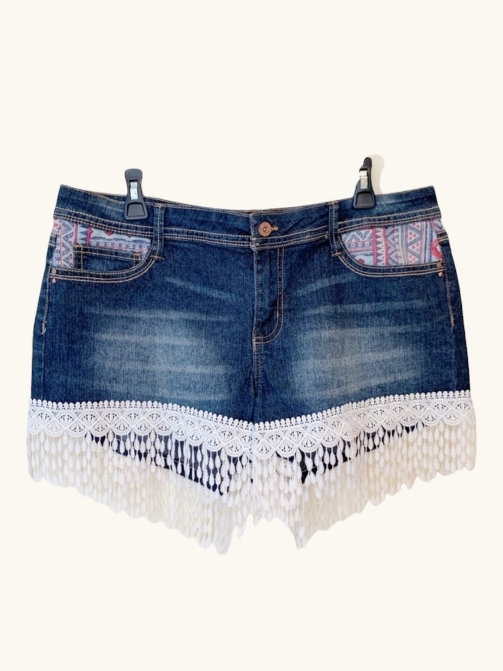 🌸 LEI Sz 17 Junior’s “Franny” Stretch Denim Short Shorts w/ Crochet Boho